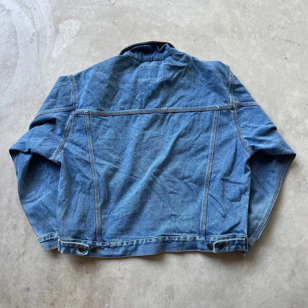 Woodlake Mens Denim Trucker Jacket Blue Medium Wash Leather Collar Large L